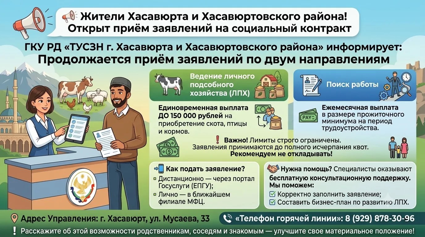 Жители Хасавюрта и Хасавюртовского района! Открыт приём заявлений на социальный контракт.